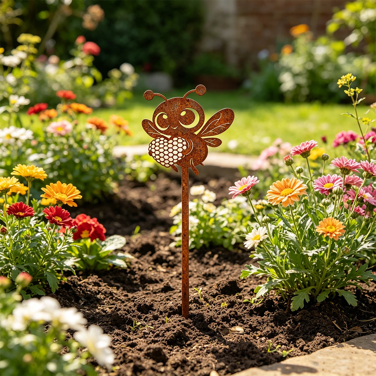 1 piquet de décoration de jardin en fer, piquet de jardin en forme d'abeille, image de dessin animé mignonne d'une petite abeille tenant un ruche, elfe de jardin, Sui