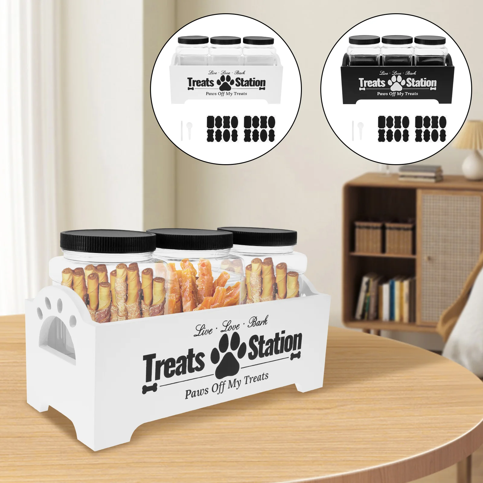 Récipient de nourriture pour chien en bois avec 3 pots de friandises en plastique récipient de nourriture pour chat avec poignées récipient de stockage des aliments pratique décoratif