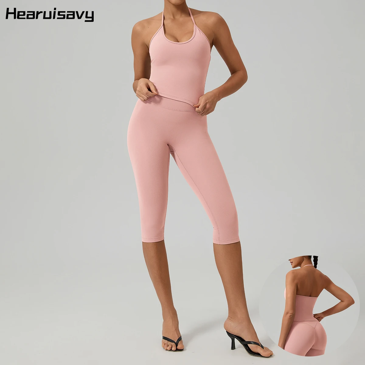 Ensemble de yoga Hearuisavy pour femme, 2 pièces, débardeur de sport à bretelles, leggings capri, tenue de sport pour la salle de sport, taille haute, extensible, vêtements de fitness