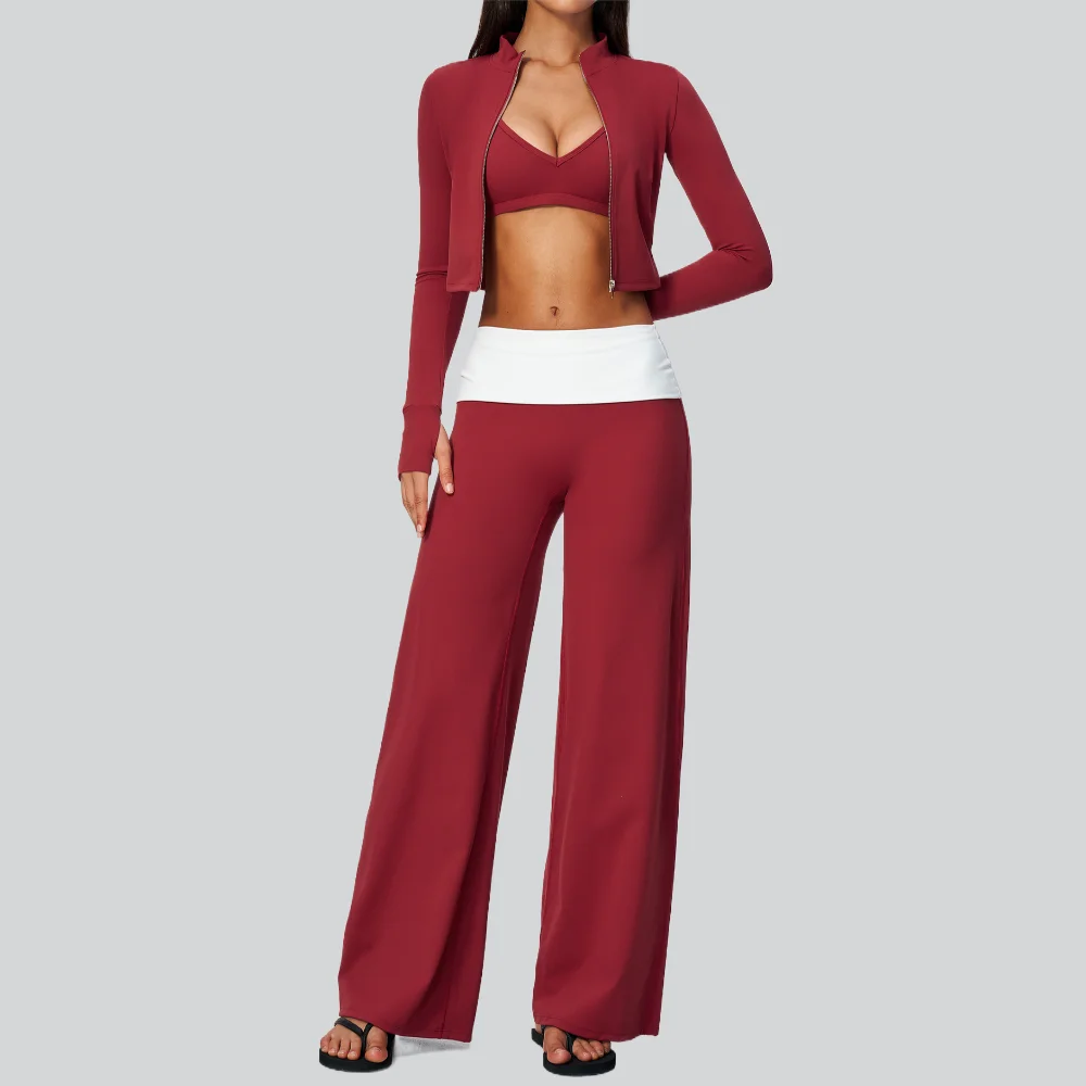 Ensemble de yoga 3 pièces pour femmes, vêtements de sport, tenue de fitness, survêtement d'entraînement, vêtements de sport pour la course à pied, veste zippée, pantalon large, soutien-gorge de sport