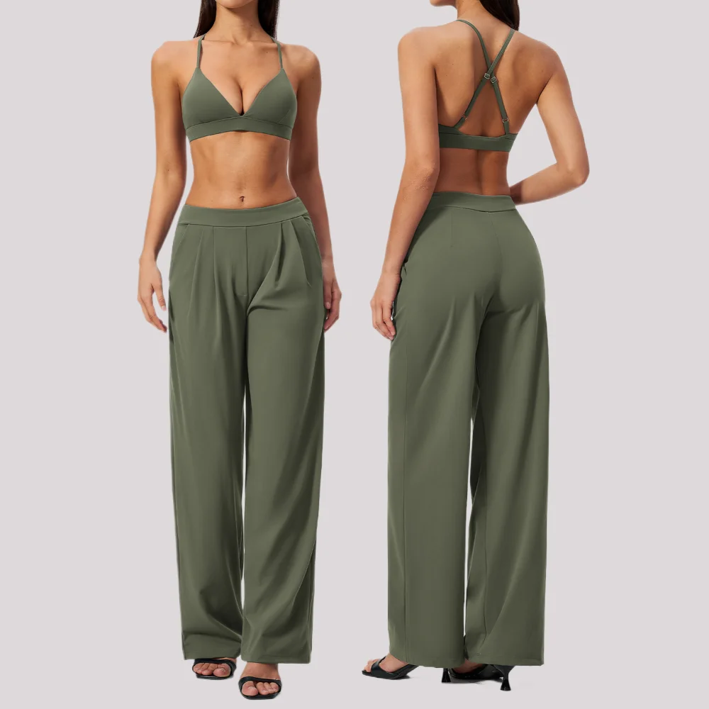 Vêtements de yoga, survêtement de gym, tenues de fitness, ensemble de sport pour la course et l'entraînement, vêtements de sport pour femmes, soutien-gorge de sport, ensemble 2 pièces avec pantalon large plissé.