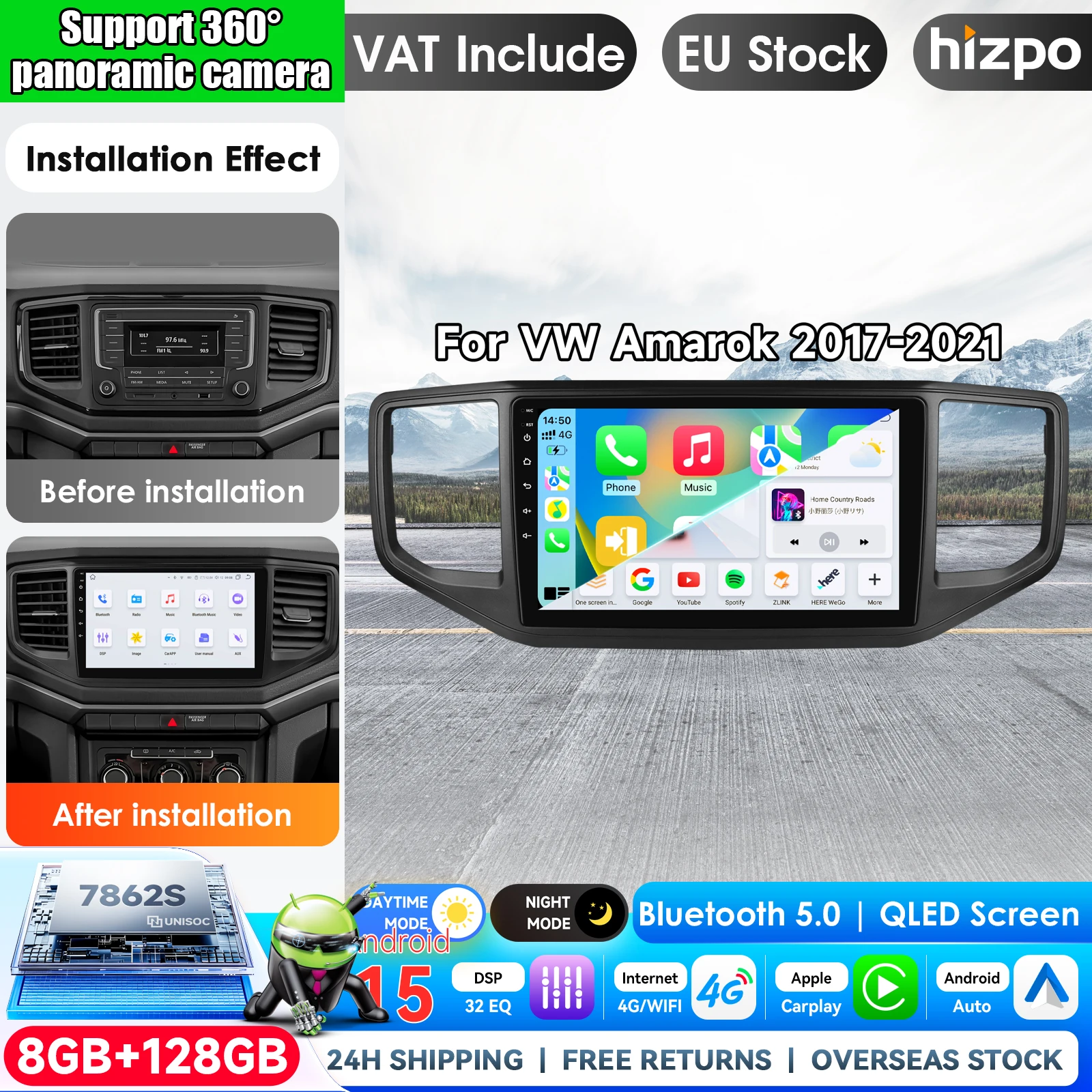 Hizpo 9 Zoll Android 15 Videoplayer für Volkswagen VW Amarok 1 2016 - 2020 Multimedia-Headunit Auto-GPS Autoradio Navigation DVD BT GPS-Navigation SWC Bluetooth FM RDS DSP IPS-Bildschirm Intelligente