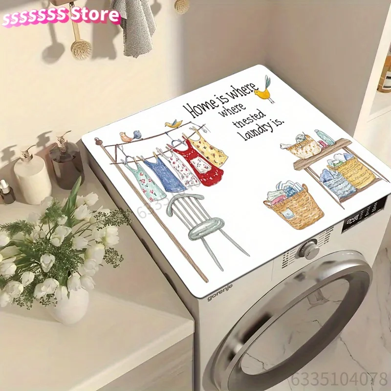 A Warm Laundry Wind Pattern Washing Machine Top Cover Mat, Washing Machine Protection Mat, Countertop Absorbent Mat, Washbasin D