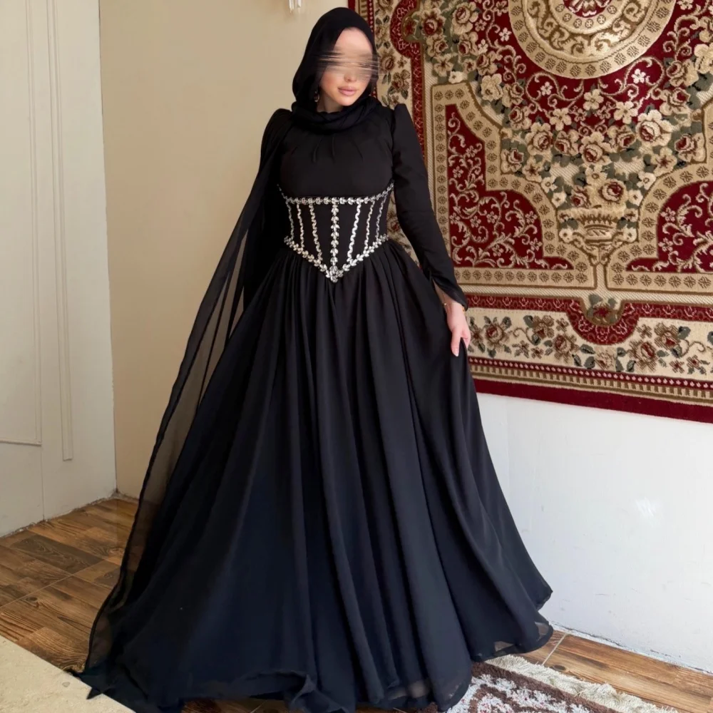 Customized Classic Long Sleeves Formal Evening Dress Glitter Rhinestone A-line Long Dresses Elegant Party Wedding for Women