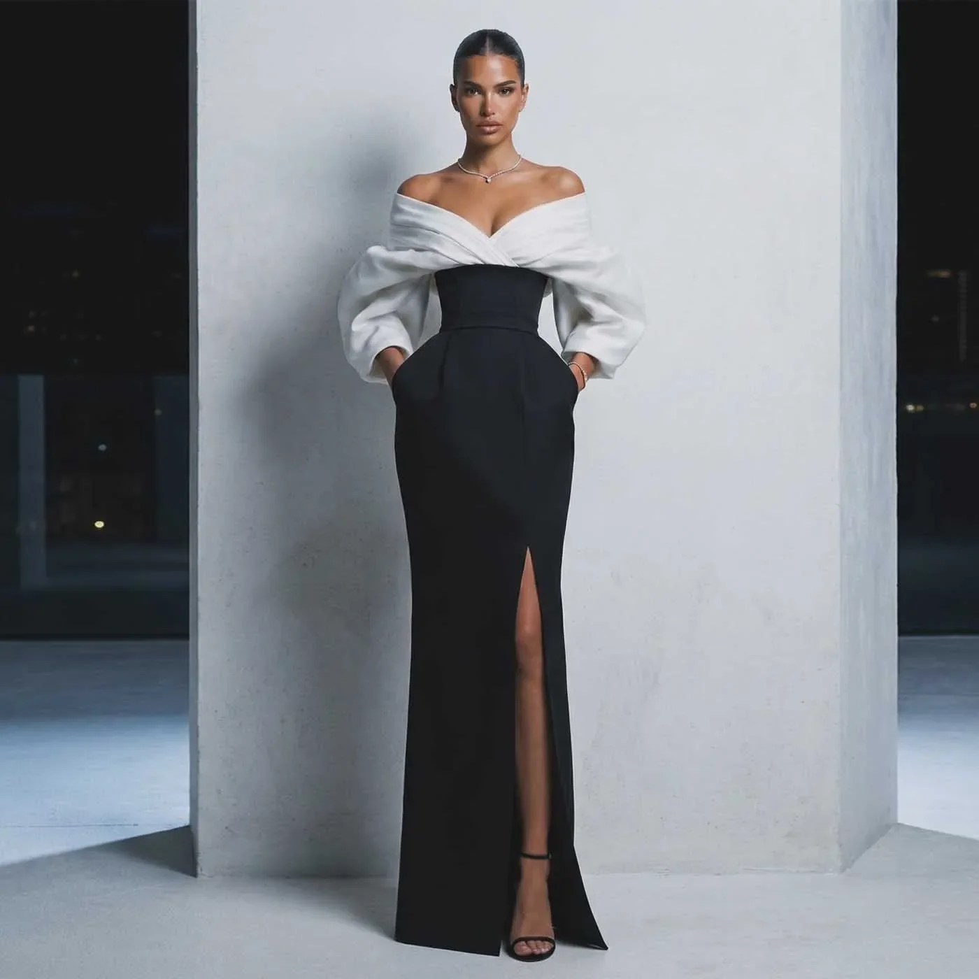 Black And White Off Shoulder Evening Dress With Puffed Sleeves High Waist Slit Maxi Formal Gown Elegant Wedding Party Celebrity