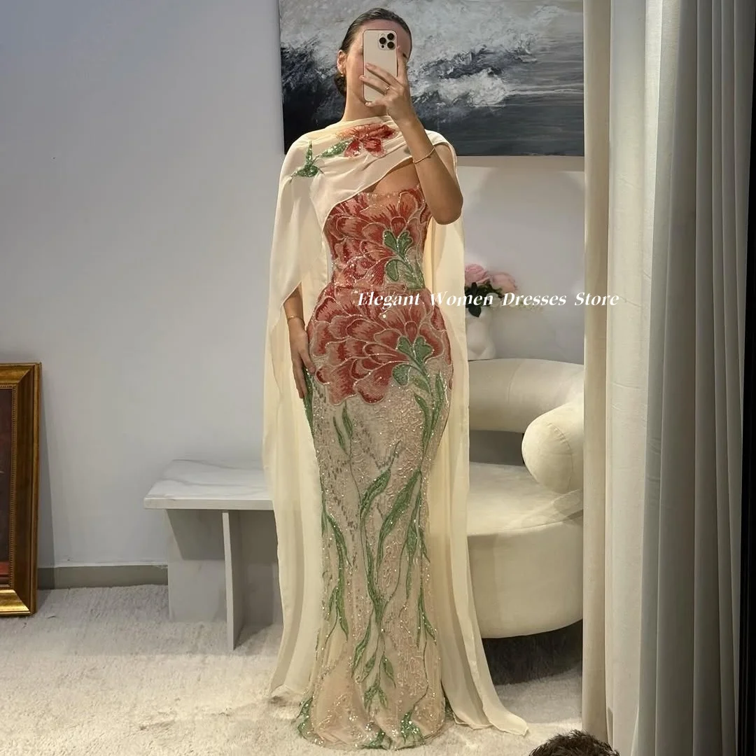 Evening Dresses Floral Beaded Mermaid Formal Gown Cape Sleeve Strapless Sequin Long Wedding Guest Prom Party Dress Customized