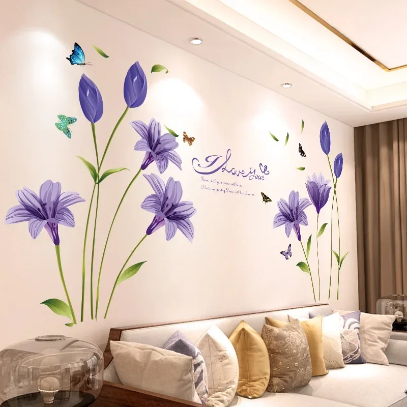 DIY Lila Lavendel Wohnzimmer Wandaufkleber Dekor Selbstklebende Blumen Schmetterling Wandtattoos Wandbild Schlafzimmer Home Dekorationen