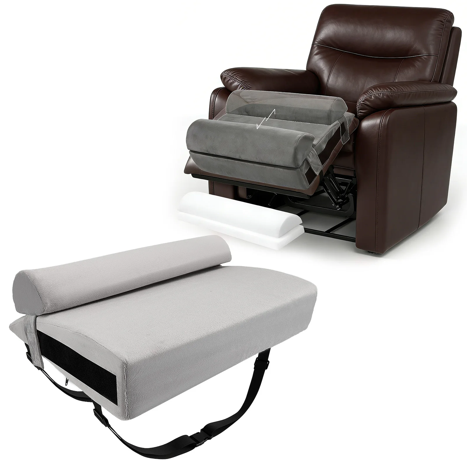Fußstützkissen für Relaxsessel – Fußstützkissen mit herausnehmbarem Halbzylinder für optimale Unterstützung, verstellbares Fußkissen für Relaxsessel, Fußkissen für Relaxsessel mit 2 Gurten, Grau.