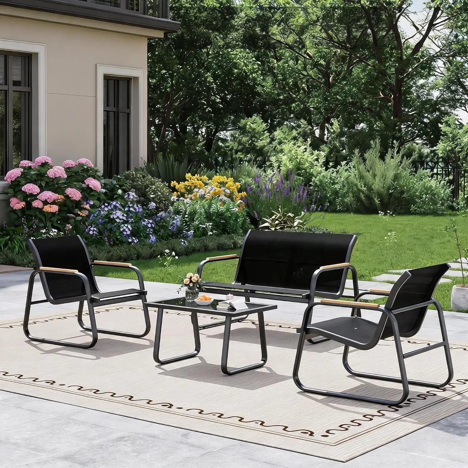 Garten-Lounge-Set, 4-teiliges Outdoor-Gesprächsmöbel-Set mit atmungsaktivem Textilene-Netzstoff, stabilem, pulverbeschichtetem Eisenrahmen, wetterfestes Sofa-Set für Garten, Balkon, Terrasse, Wintergarten, Schwarz