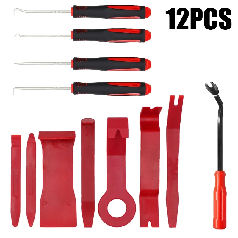 Ensemble de 12 outils de démontage de garnitures automobiles, de couleur rouge, comprenant un kit d’outils en plastique pour le levage, un outil de levage, un outil pour le démontage des clips de panneaux de portières de voiture et un outil pour le...