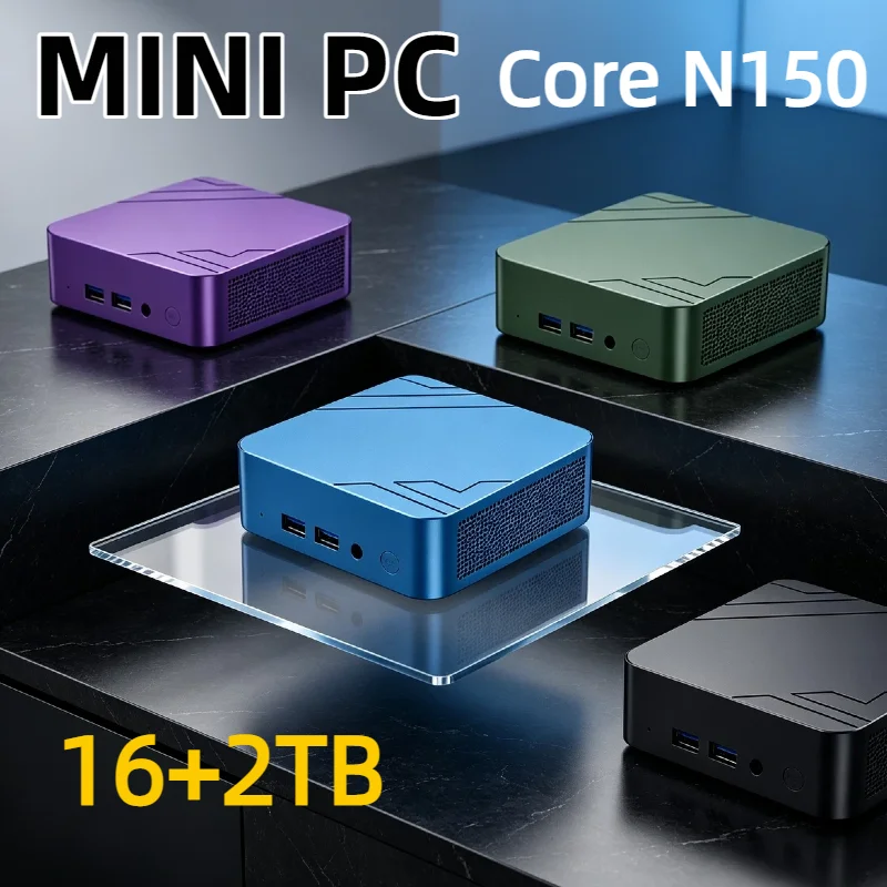 Mini PC Intel Core N150 compact, 16 Go de RAM, grand SSD, écran 4K, WiFi 6, BT 5.2, ordinateur de bureau multifonctionnel pour le jeu