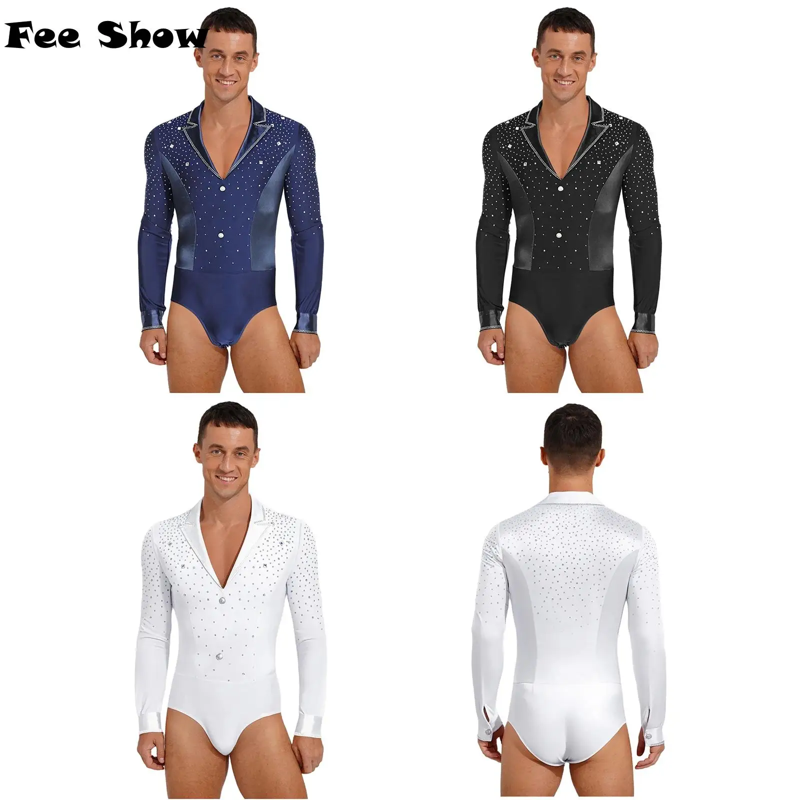 Body de danse latine pour hommes, strass scintillants, revers, col en V, manches longues, entrejambe ouvrable, justaucorps pour le patinage artistique