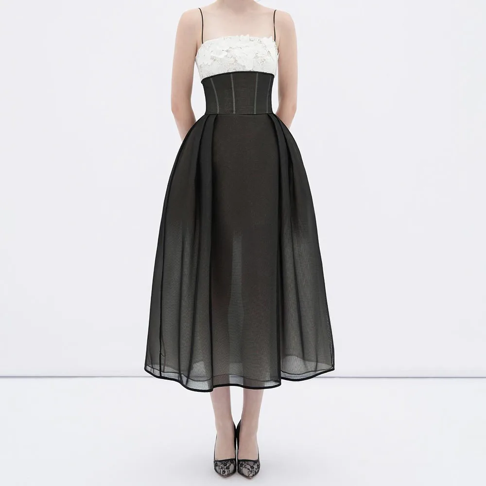 Customized A-Line Evening Gown Tea-Length Spaghetti Strap Sleeveless Prom Gown Fashion Lace Flowers Simple Draped Party Gown