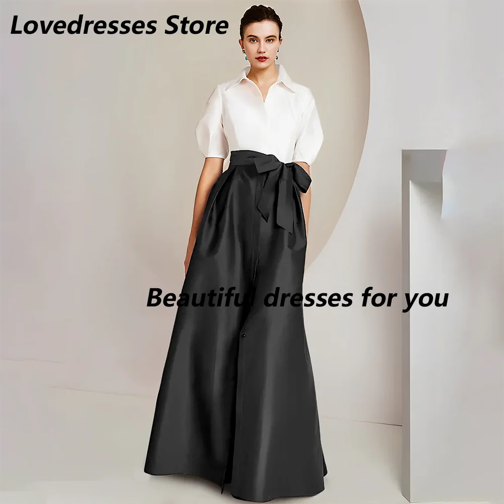Elegant Suit Mother of The Bride Dresses Customized V-Neck Short Sleeves Satin Bow A Line Evening Gown for Wedding Guest Gown