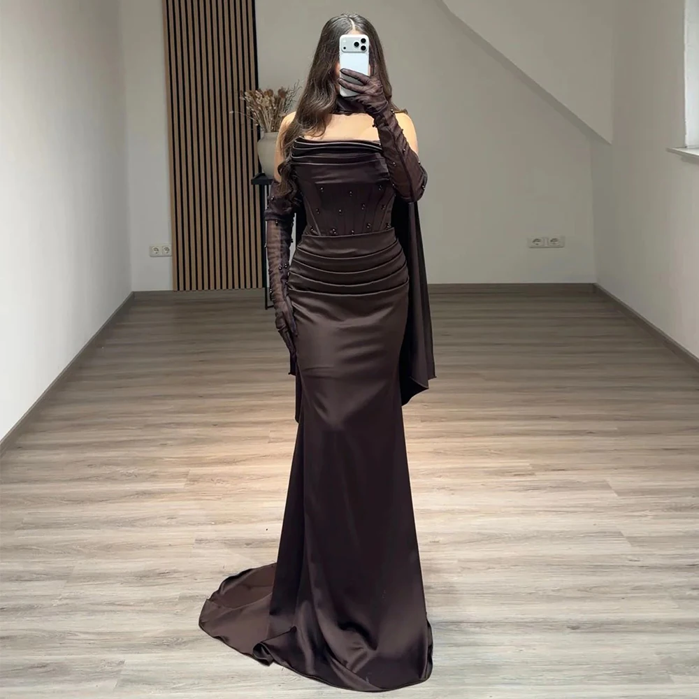Customized Dark Brown Pleated Evening Dress Elegant Mermaid Vestidos De Noche Floor-length Zip Back Pearls Party Prom Dresses