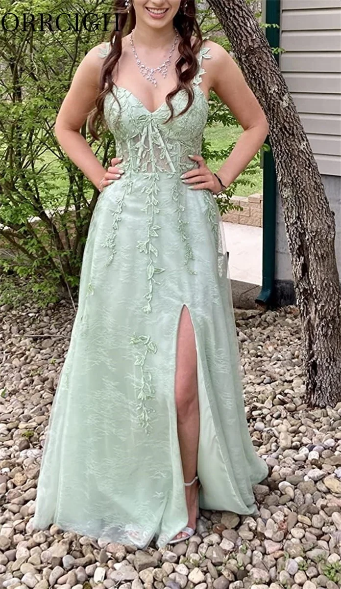 Lace Applique Tulle Prom Dress Spaghetti Strap V Neck Formal Party Gown Corset Evening Dress with Slit for Teens