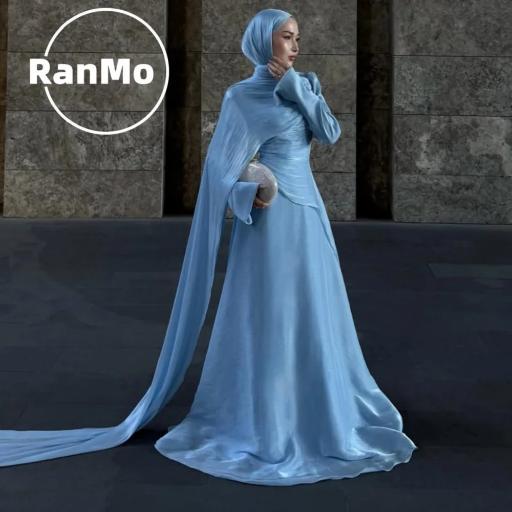 Ranmo Elegant New Sky Blue Long Evening Dresses Modest A-Line Formal Prom Dresses Cape Sleeve Luxury Dubai Prom Gowns Customized