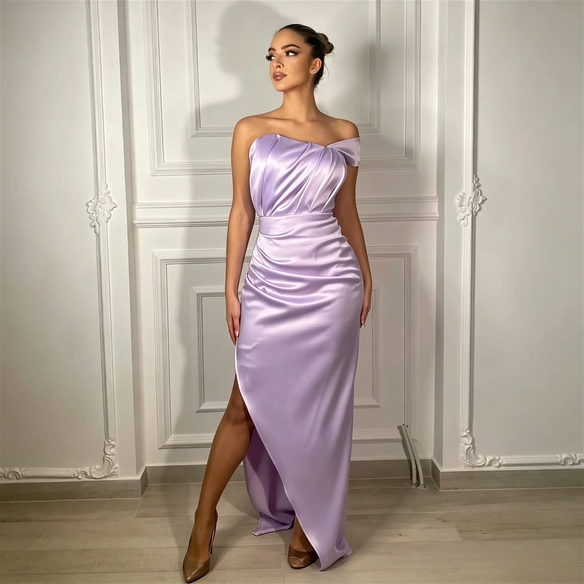 Customized Lavender Maxi Mermaid Satin Evening Dress Pleated Off Shoulder Sleeveless High Split Silhouette Formal Wedding Gown
