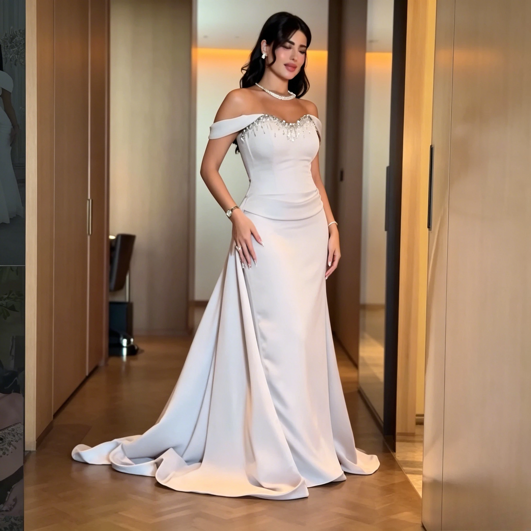 Customized Minimalist Elegant Ivory Mermaid Evening Gown Featuring Off-The-Shoulder Folded Ruffle Neckline