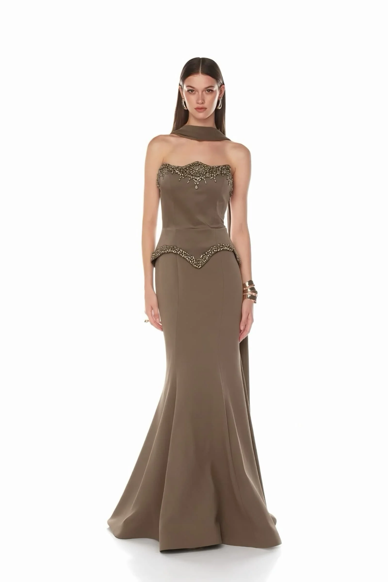 Customized Dark Brown Mermaid Evening Dress Strapless Beaded Lace Waist Satin Train Floor Length Formal Wedding Party Gown