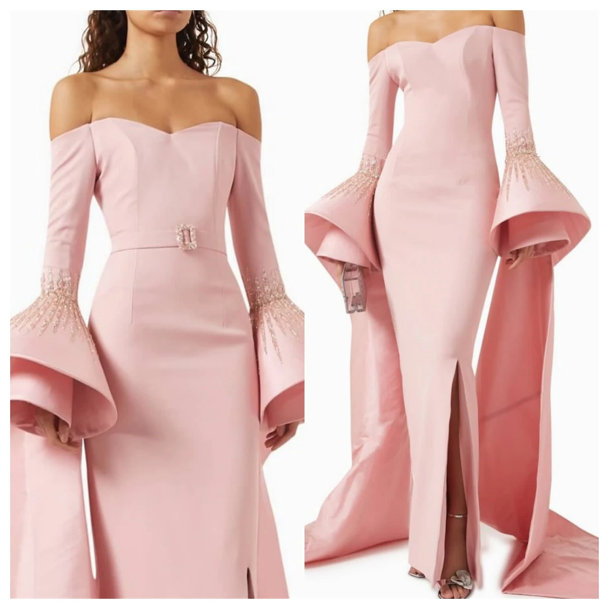 Customized Luxury Pink Jersey Evening Dress Strapless Long Sleeves Belt Bespoke Occasion Gowns Crystal Celebrity Gowns