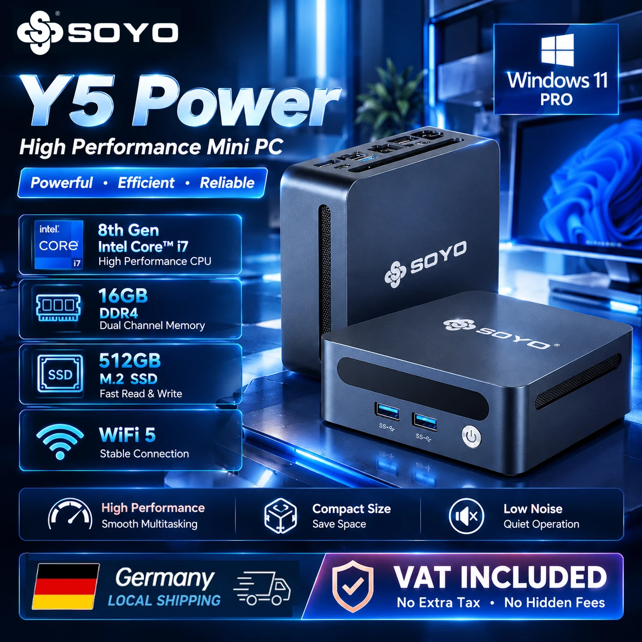 SOYO Y5 Power Mini-PC Intel Core i7 8. Generation CPU Prozessor 16GB DDR4 RAM 512GB M.2 SSD Windows 11 PRO WiFi5+BT Hochleistungs-Mikro-Computer für Zuhause und Büro
