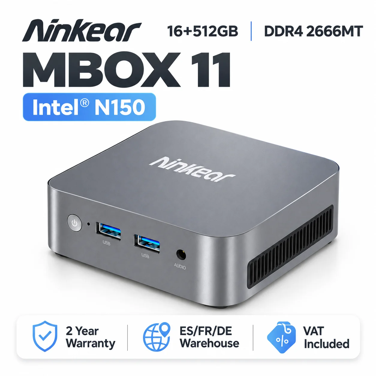 Ninkear MBOX 11 Mini-PC, Intel N150 bis 3,6 GHz, 16 GB DDR4 RAM, 512 GB SSD, Windows 11 Pro, zwei 4K-Monitore mit 60 Hz, HDMI 2.0, DP 1.4, WLAN 5, Bluetooth 5.0, Gigabit-LAN, kompakter Computer für Büro und Zuhause