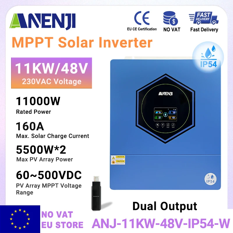 Onduleur solaire hybride ANENJI 11KW 48V, onduleur solaire hybride onduleur pur sinusoïdal double sortie jusqu