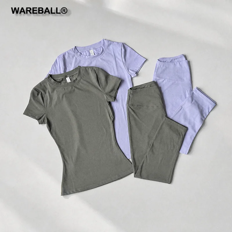 Ensemble de sport WAREBALL 2 pièces à manches courtes, haut de yoga, leggings de sport, pantalon capri, vêtements de sport pour la salle de sport, ensembles de course à pied