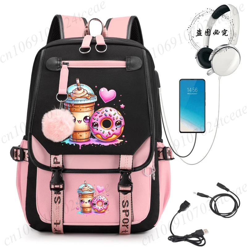 Sac à dos pour enfants avec motif de dessins animés mignons de boissons et de beignets, sac d'école pour filles, sac d'école pour enfants, adolescents, sac à dos pour l'école primaire, mochilas
