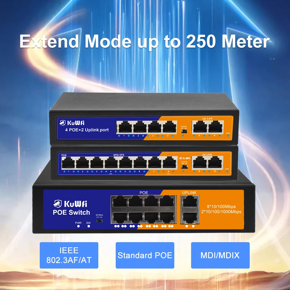 Switch Ethernet PoE KuWFi 4/8 ports, 2 ports Uplink, extension 250m, non géré, Plug & Play pour caméra IP, laboratoire domestique, routeur