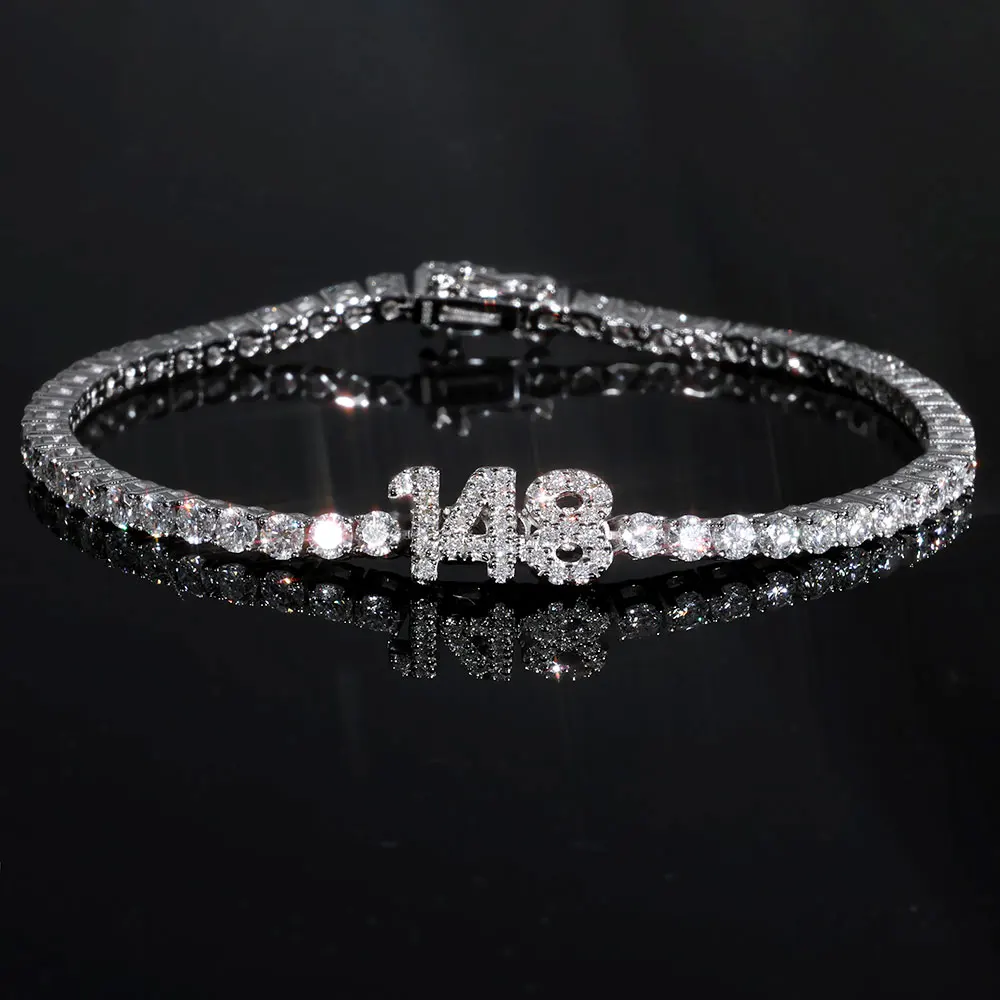 ESKEEM 3MM Moissanit Initial Tennis-Kette 925 Silber Maßgefertigtes Iced Out VVS1 Moissanit Buchstaben- und Zahlenarmband Hip-Hop-Schmuck