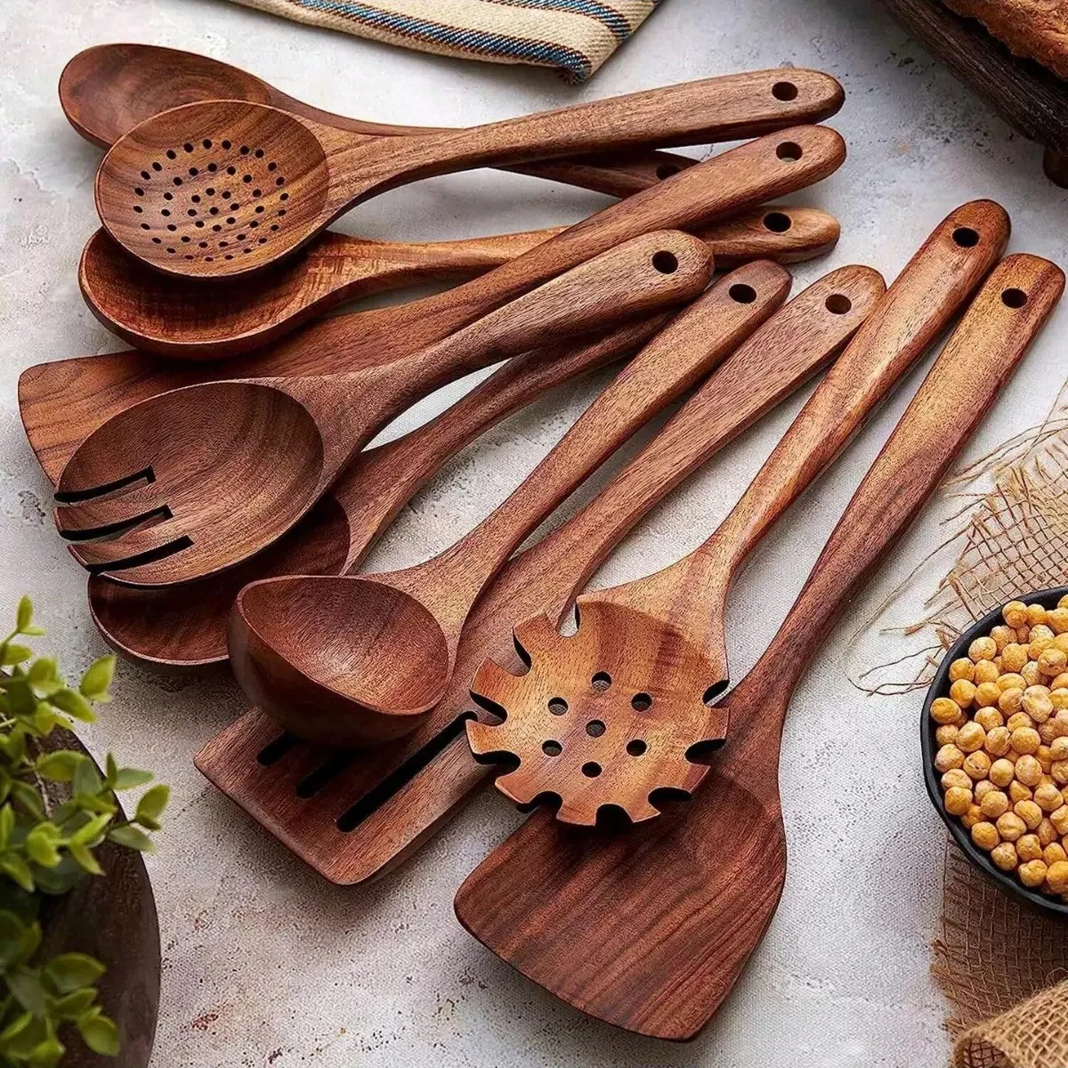 Ensemble de 9 ustensiles de cuisine, outils de cuisine, ustensiles de cuisine en bois de haute qualité, ustensiles de cuisine résistants à la chaleur, adaptés aux poêles antiadhésives, cuillère et