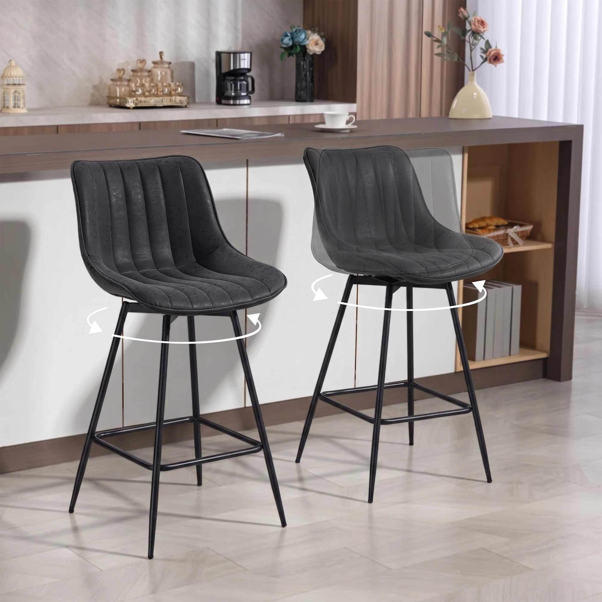 HOMCOM Barhocker 2er Set, 68 cm drehbare Tresenhocker mit Rückenlehne, gepolsterte PU-Leder Barstühle mit Fußstütze und Stahlbeinen für Kücheninsel, Esszimmer, Schwarz