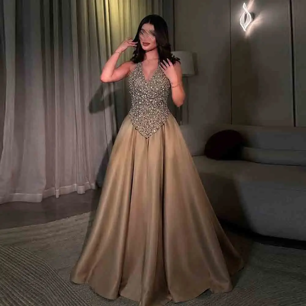 Customized Champagne Satin A Line Evening Dress Halter Sequin Beads Embroidery Prom Gown V Neck Rhinestone Formal Maxi Dresses