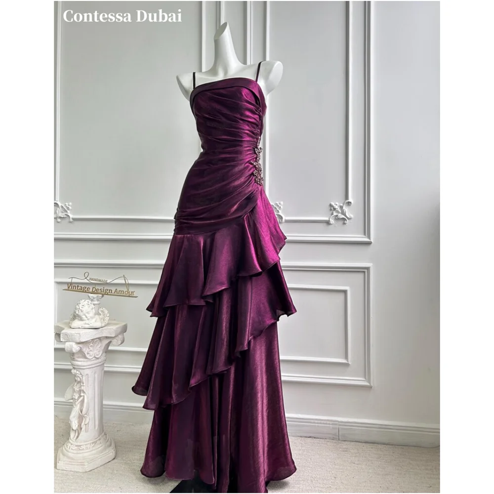 Contessa Custom Purple Spaghetti Strap Evening Dress Ruched Beaded Prom Dresses Shimmer Vestidos De Noche Mermaid Formal Evening