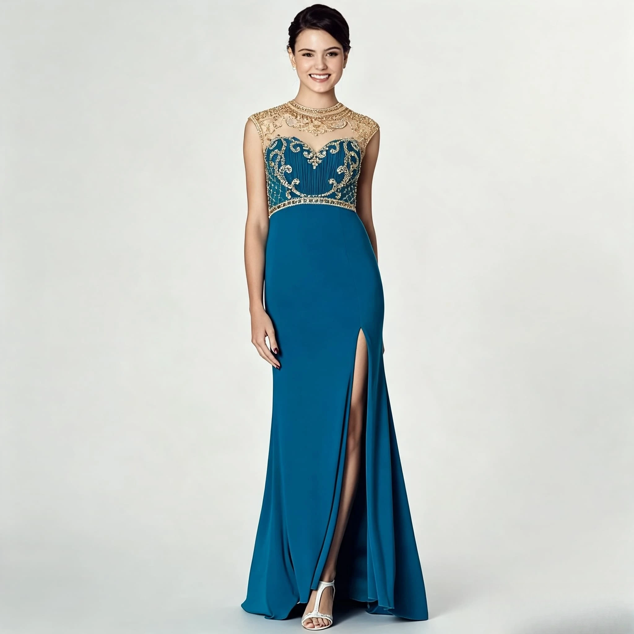 Customized Blue Sheath Mother of the Bride Dress High Neck Gold Beaded Chiffon Side Split Floor Length Elegant Formal Gown