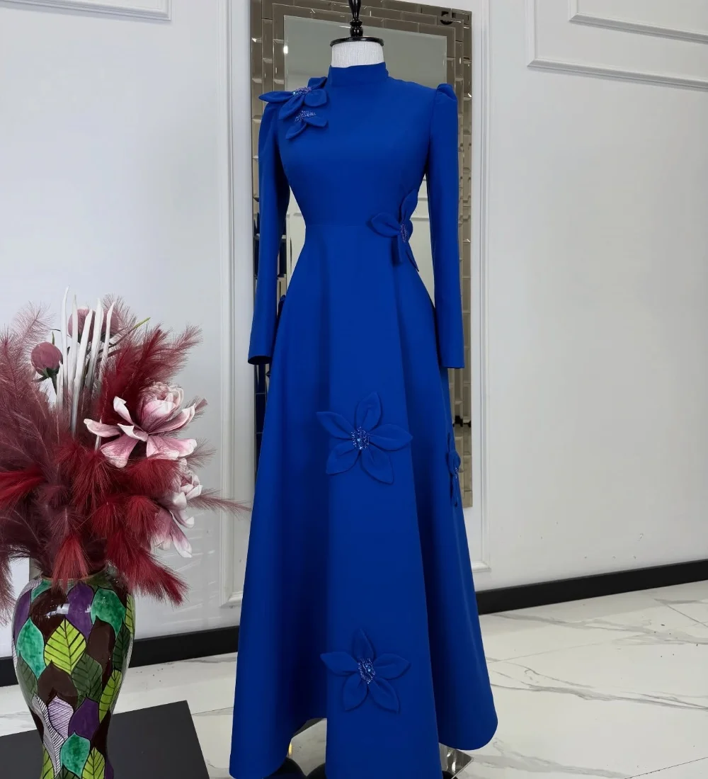 Customized Modern Style Jersey Handmade Flower Beading Sequined A-line High Collar Long Dresses Evening Dresses Sizes Available