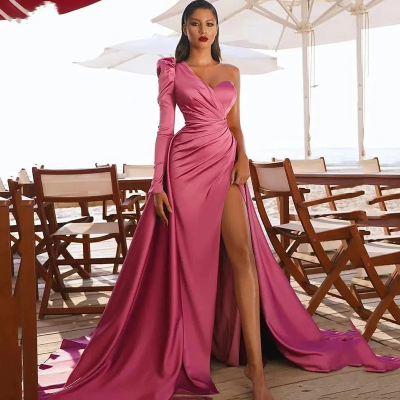Customized Dubai One Shouldr Pink Long Evening Dress Mermaid Sexy High Side Split Prom Dresses Celebrity Dresses robes de soirée