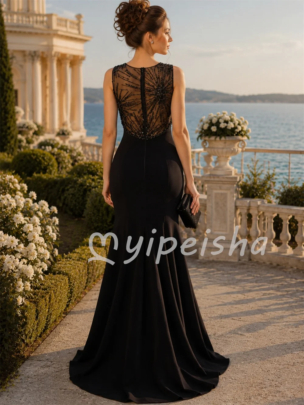 Black Modest Intricate Jersey Beading Sequined Mermaid High Collar Floor-Length Evening Dresses For Birthday Party Customized