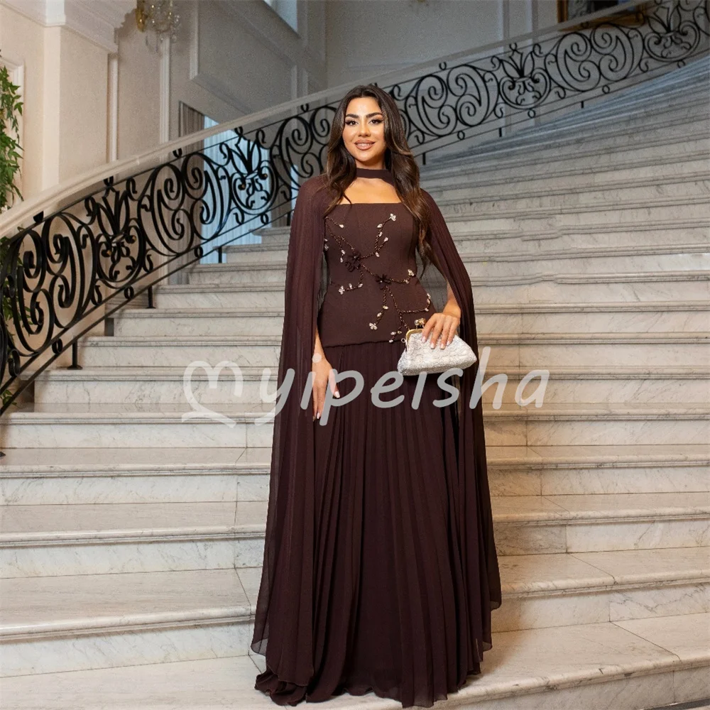 Two-piece Brown Modest Fashion Draped Crystal Beading Handmade Flower Shawl High Collar A-line Long Dresses for Woman Customized