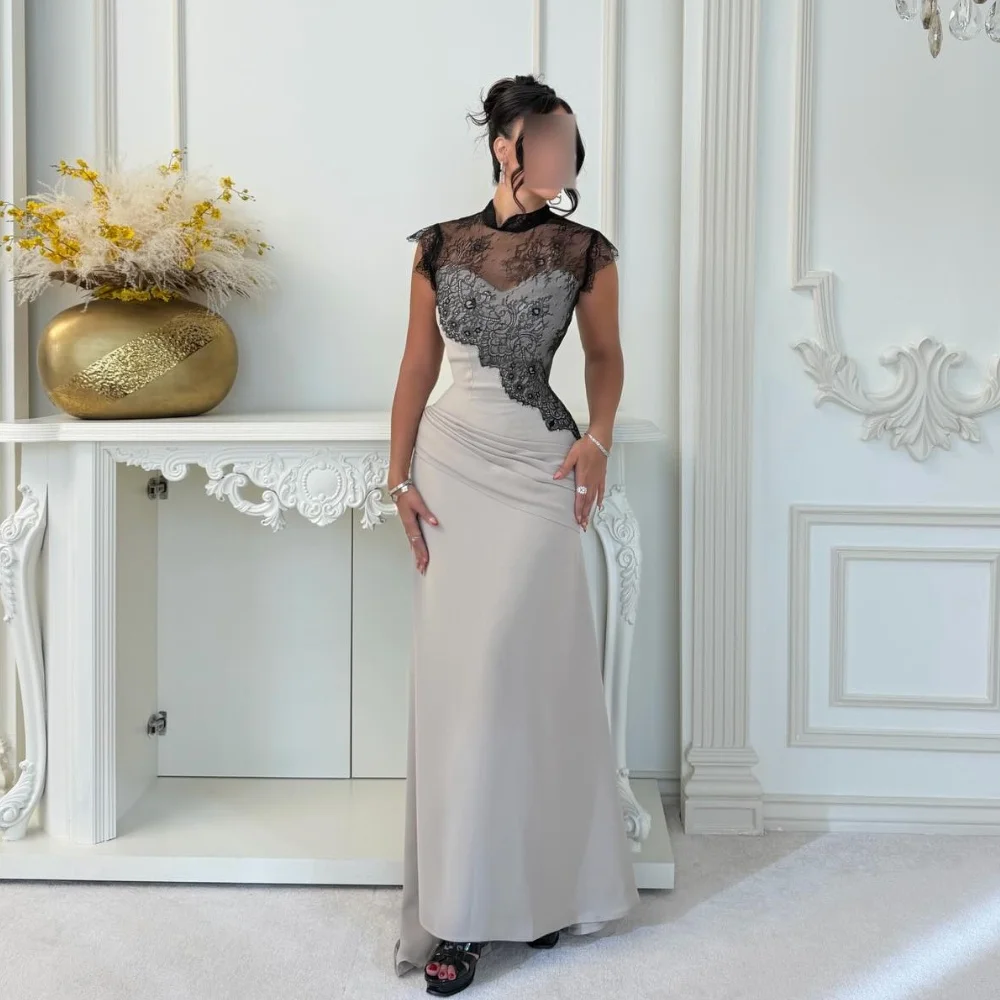 Customized Exquisite Casual Pleat Lace Backless Mermaid High Collar Floor-Length Evening Dresses For Wedding Party High Quality