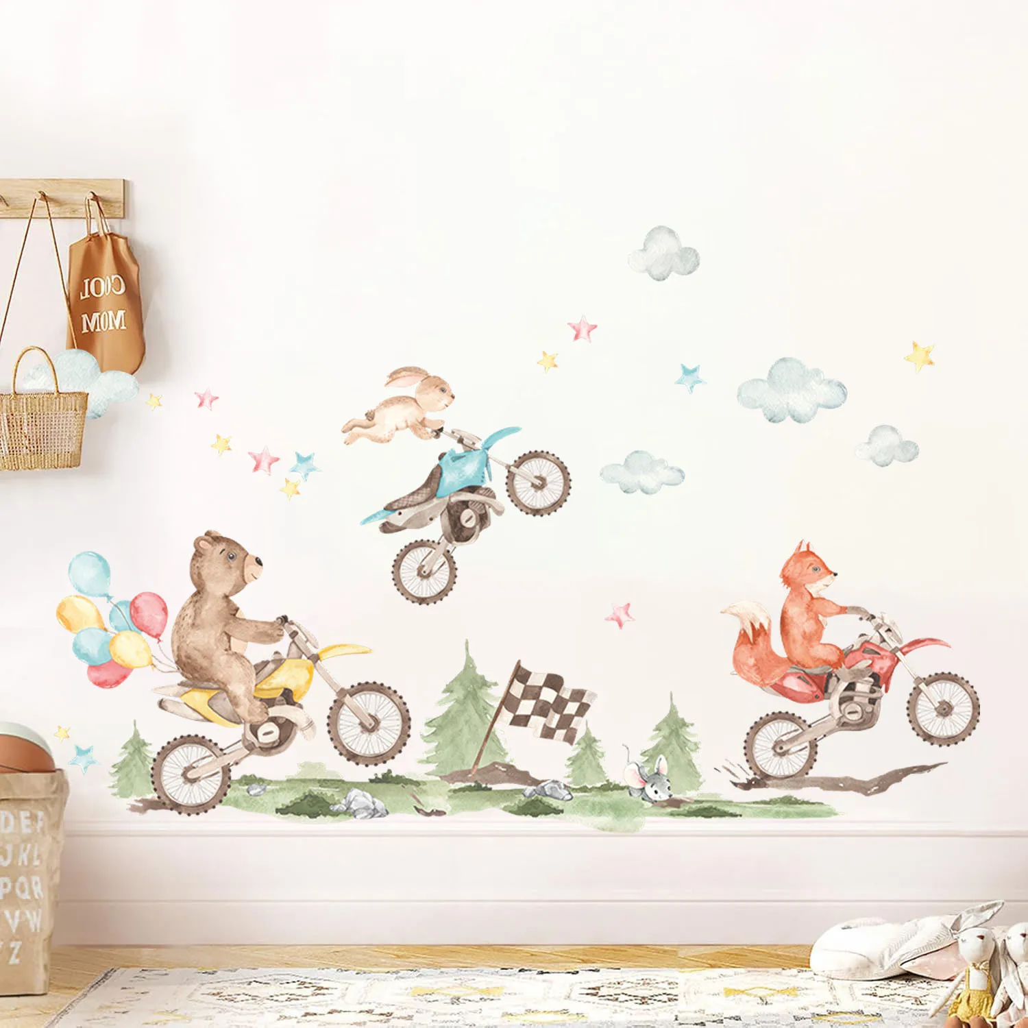 Cartoon Motorräder Dschungeltier Wandtattoo Kinderzimmer Motocross Wandsticker für Babyzimmer Jungen Wanddekoration