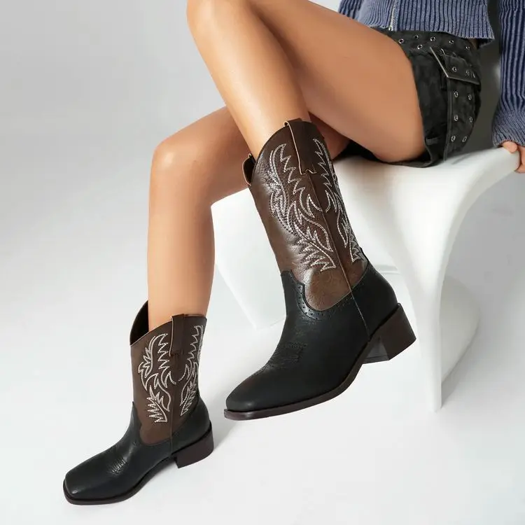 Gestickte Western-Cowboystiefel im Vintage-Stil, quadratische Zehenpartie, Blockabsatz, Knöchel-Botines, kontrastierende Farbblockierung, übergroße Damenschuhe