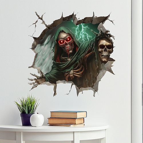 Adesivo da parete di Halloween, 3D, con teschio dagli occhi rossi, rimovibile, decorazione spaventosa di Halloween per la casa, la festa, la casa stregata, la stanza.