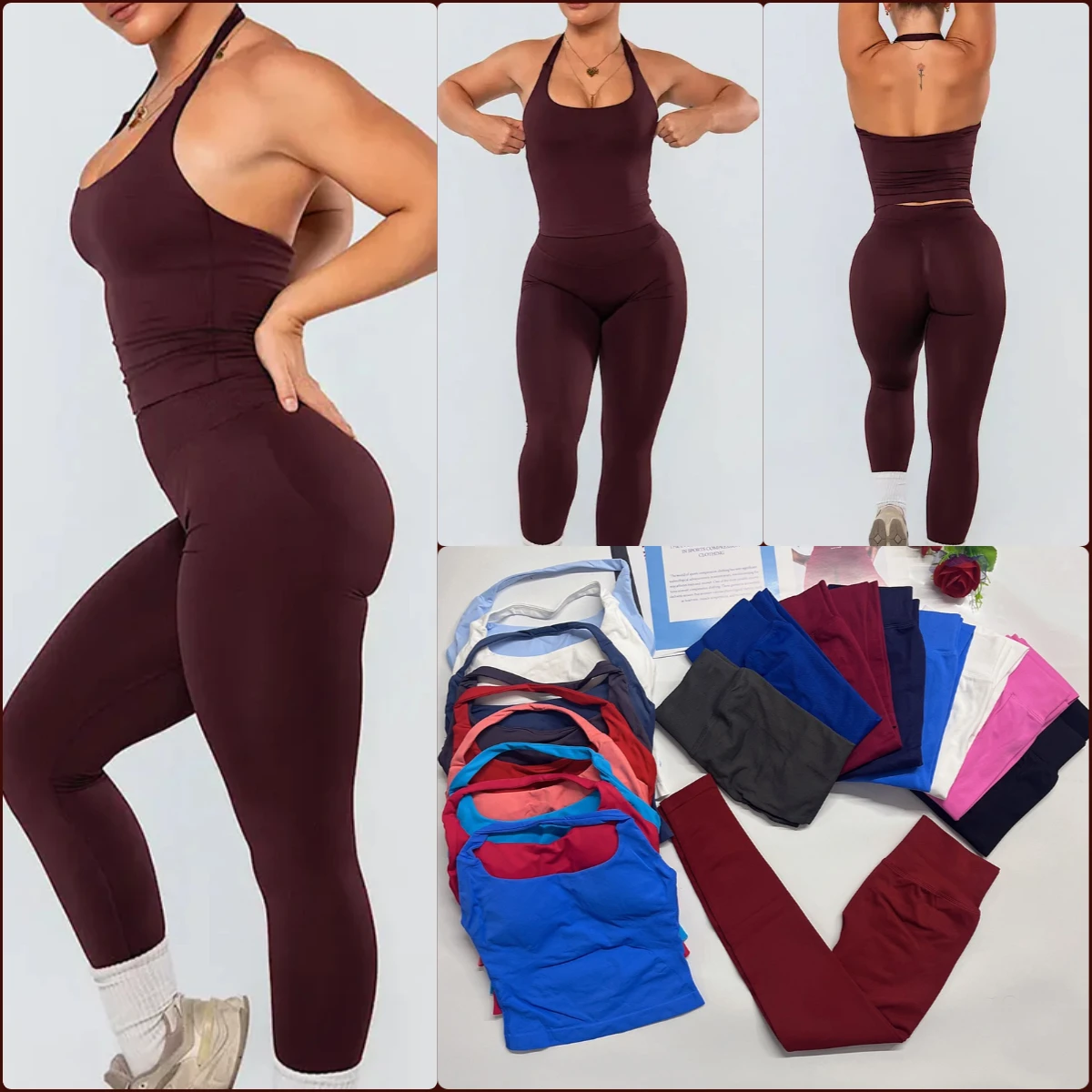 Tenues de yoga DFY-L0g0 pour femmes, ensemble de 2 pièces, pantalon de sport à maintien, haut dos nu à bretelles, leggings sans coutures froncés, tenue de sport pour la salle de sport et