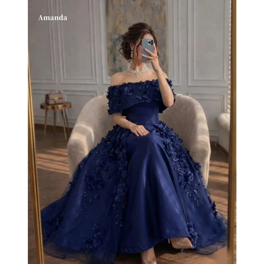 Amanda Customized Navy Blue Off Shoulder 3D Floral Ball Gown Formal Evening Prom Dress vestidos de noche 2026 New Arrival Style
