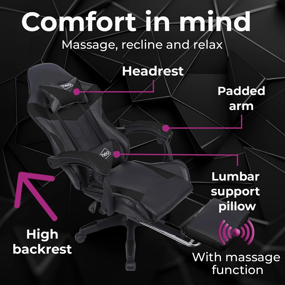 Black Gaming Chair with Footrest PU Leather Ergonomic Swivel Racing Style Computer Office Chair Adjustable Reclining Executive Desk Chair for Home Gaming Working