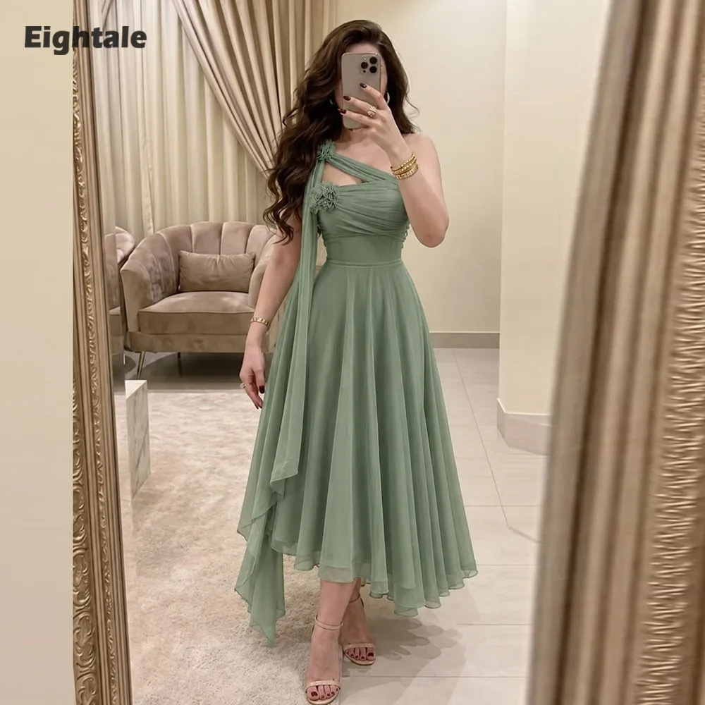 Eightale Arabic Evening Dress Customized Chiffon One Shoulder A-Line Tea Length Celebrity Muslim Prom Wedding Party Gown