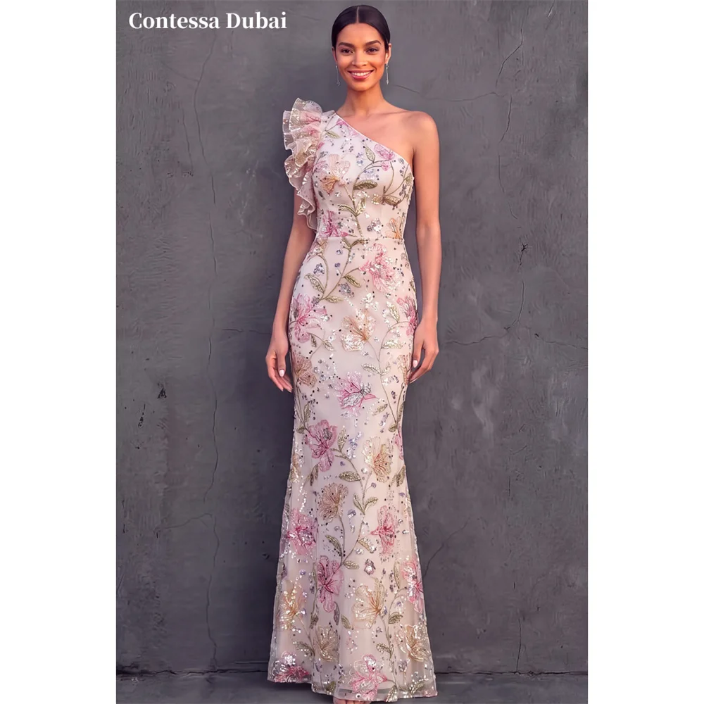 Contessa Custom Champagne One-Shoulder Evening Dress Floral Mermaid Prom Dresses Ruffle Vestidos De Noche Elegant Formal Evening